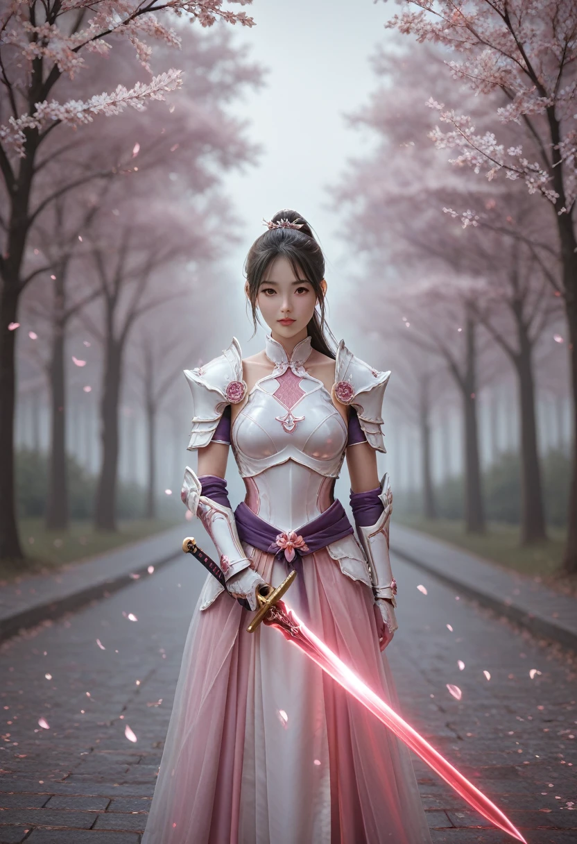  Great Quality , masterpiece,  best quality , Super detailed, Super detailed,  super high resolution ,  perfect anatomy, Blurred Background,  outdoor ,( cherry blossoms:0.6), fog,  Studio Lighting , Bright foreground, Facing Faces,
(pink hybrid white ) armor, woman, holding,  ralelektryst sword,  ponytail, Shine, Shine, dazzling,
HKStyle,
 very detailed ,
