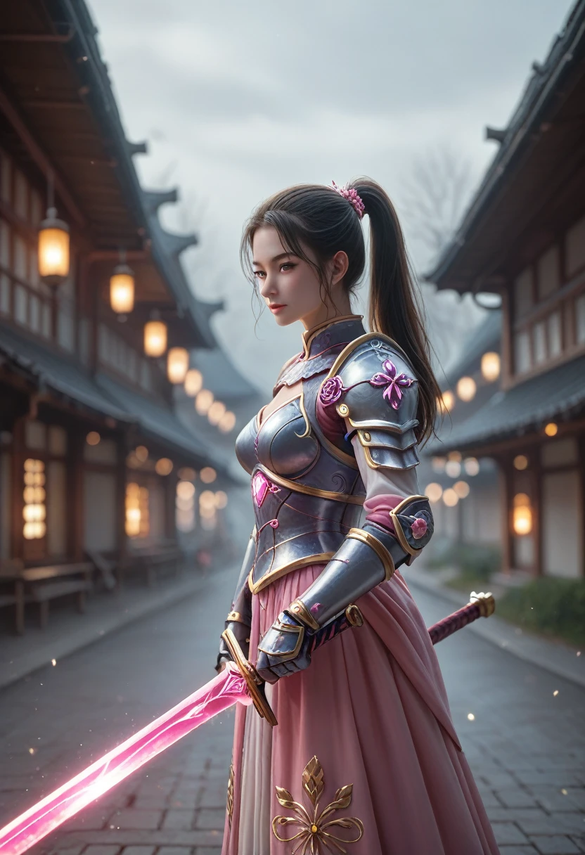  Great Quality , masterpiece,  best quality , Super detailed, Super detailed,  super high resolution ,  perfect anatomy, Blurred Background,  outdoor ,( cherry blossoms:0.6), fog,  Studio Lighting , Bright foreground, Facing Faces,
(pink hybrid white ) armor, woman, holding,  ralelektryst sword,  ponytail, Shine, Shine, dazzling,
HKStyle,
 very detailed ,
