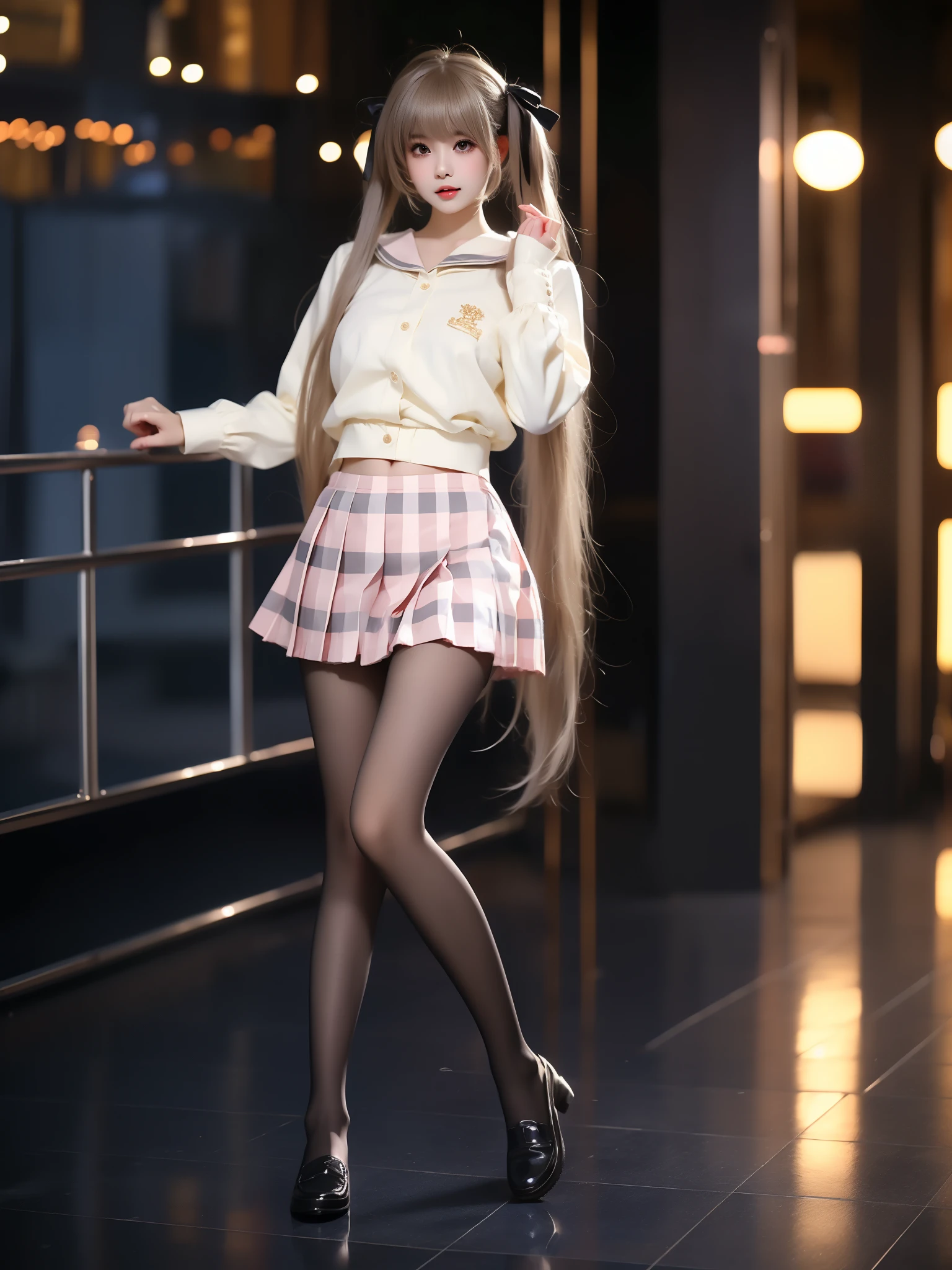 kasugano sora, 1girl, solo, cosplay,
hair ribbon, school uniform,serafuku,sailor collar, long sleeves,plaid skirt, pleated skirt, pantyhose,pink plaid,loafers,
grey hair, twintails, long hair,bangs, ahoge, ((full body)), (Asian beauty: 1.3), girl, solo, (toned body: 1.2), (naturally large breasts: 1.1), (visible cleavage: 0.8), (smooth flawless skin: 1.2), (perfect anatomical proportions: 1.3), (anatomically correct legs: 1.3), (elegantly long legs: 1.3), 1.1) Hands gently lift the skirt, (detailed features: 1.2), (big bright eyes: 1.1), (long eyelashes: 1.1), charming smile, gentle and confident expression, Head slightly tilted, long flowing hair, (night scene: 1.1), (starry sky: 1.0), (space background: 0.9), (professional soft light: 1.2), (warm tone: 1.1), (Masterpiece: 1.4), (Super Detail: 1.3), (Sharp focus: 1.2), (Realistic: 1.2), (Hi-Fi: 1.1)