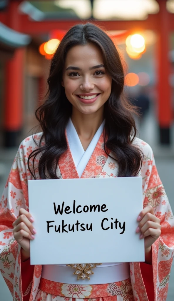 cowboy shot,  front view 1 woman, beautiful  American actress,  name is Gal Gadot, 30-age, (black hair ,middle hair, beautiful brown eye, smile), (C cup breasts, wide hip), ( Japanese traditional Kimono, kimono's below  flower pattern , White obi with flower pattern, obi string ) ,  White board hold both hands, writing word "Welcome Fukutsu City" front Shinto shrine, The Road of Light , sunset , (super detail, high details, high quality, accurate, anatomically correct, textured skin, beautiful fingers super detail, high details, high quality, best quality)