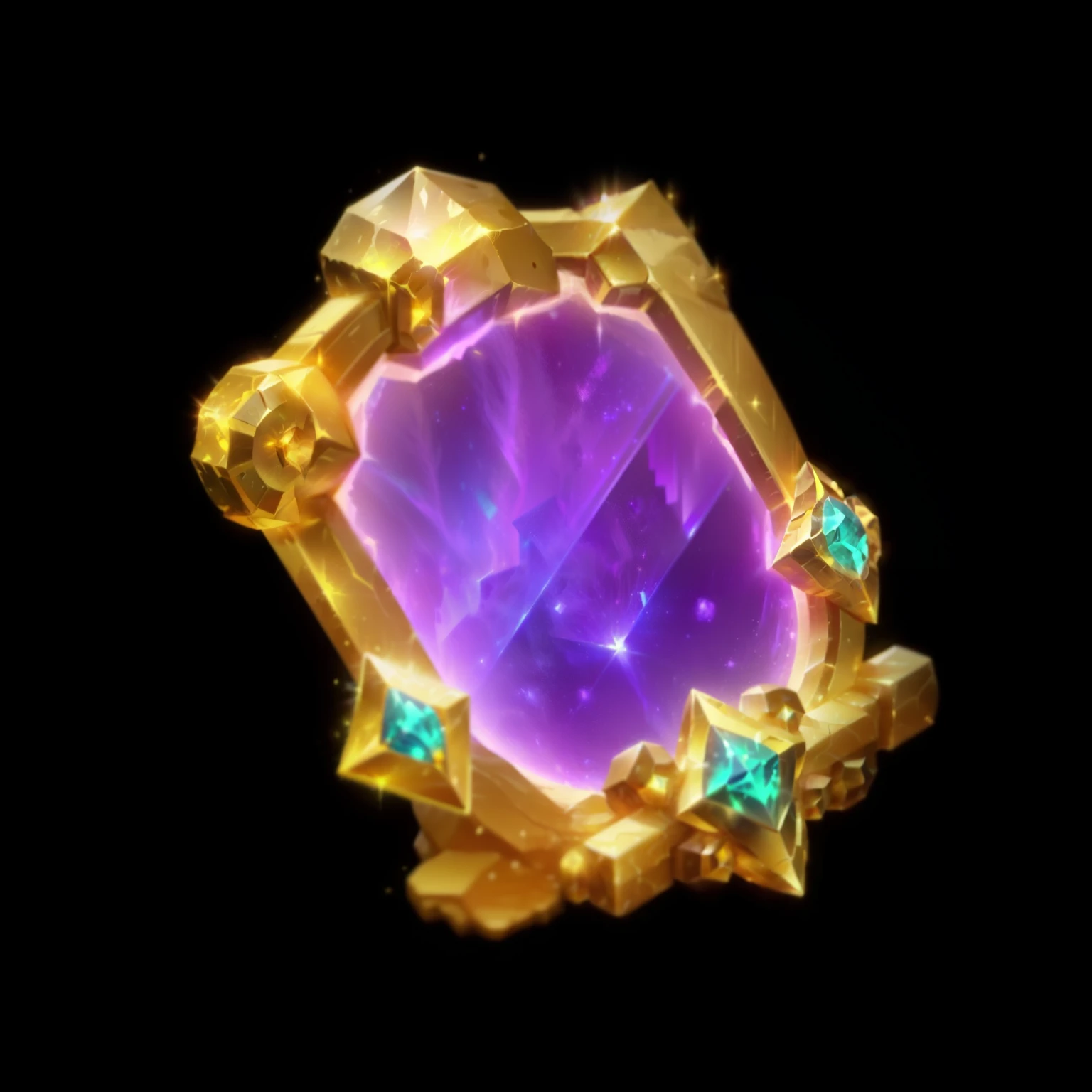 Closeup of the magic portal in the middle of the golden token，Gemstones，crystal，Reflective， metal material，Metallic luster，Magic Elements，  World of Warcraft spell icons， Game Items， League of Legends Inventory Items， Stylized game icons， League of Legends style