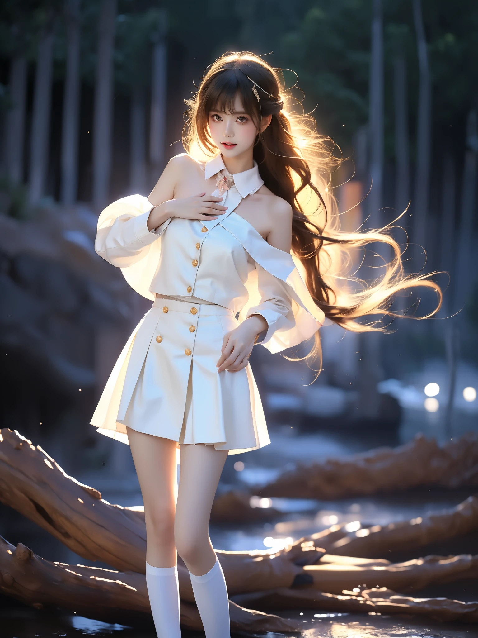 yuuki asuna, school uniform, neck ribbon, jacket, collared shirt, skirt,
long sleeves, buttons,
french braid, ((full body)), (Asian beauty: 1.3), girl, solo, ((single bare shoulder)), (toned body: 1.2), (naturally large breasts: 1.1), (visible cleavage: 0.8), (smooth flawless skin: 1.2), (perfect anatomical proportions: 1.3), (anatomically correct legs: 1.3), (elegantly long legs: 1.3), 1.1) Hands gently lift the skirt, (detailed features: 1.2), (big bright eyes: 1.1), (long eyelashes: 1.1), charming smile, gentle and confident expression, Head slightly tilted, long flowing hair, (night scene: 1.1), (starry sky: 1.0), (space background: 0.9), (professional soft light: 1.2), (warm tone: 1.1), (Masterpiece: 1.4), (Super Detail: 1.3), (Sharp focus: 1.2), (Realistic: 1.2), (Hi-Fi: 1.1)