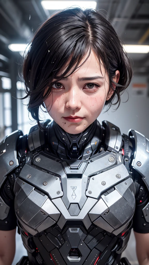  best quality 　8k (War Machine)　Cyborg middle-aged woman　　Sweaty face　　 short hair　　Steam coming out of my head　  hair wet from sweat  　  Black Hair  　　 Full body portrait in the classroom　Only the face is exposed　 orgasm 　  sensual look