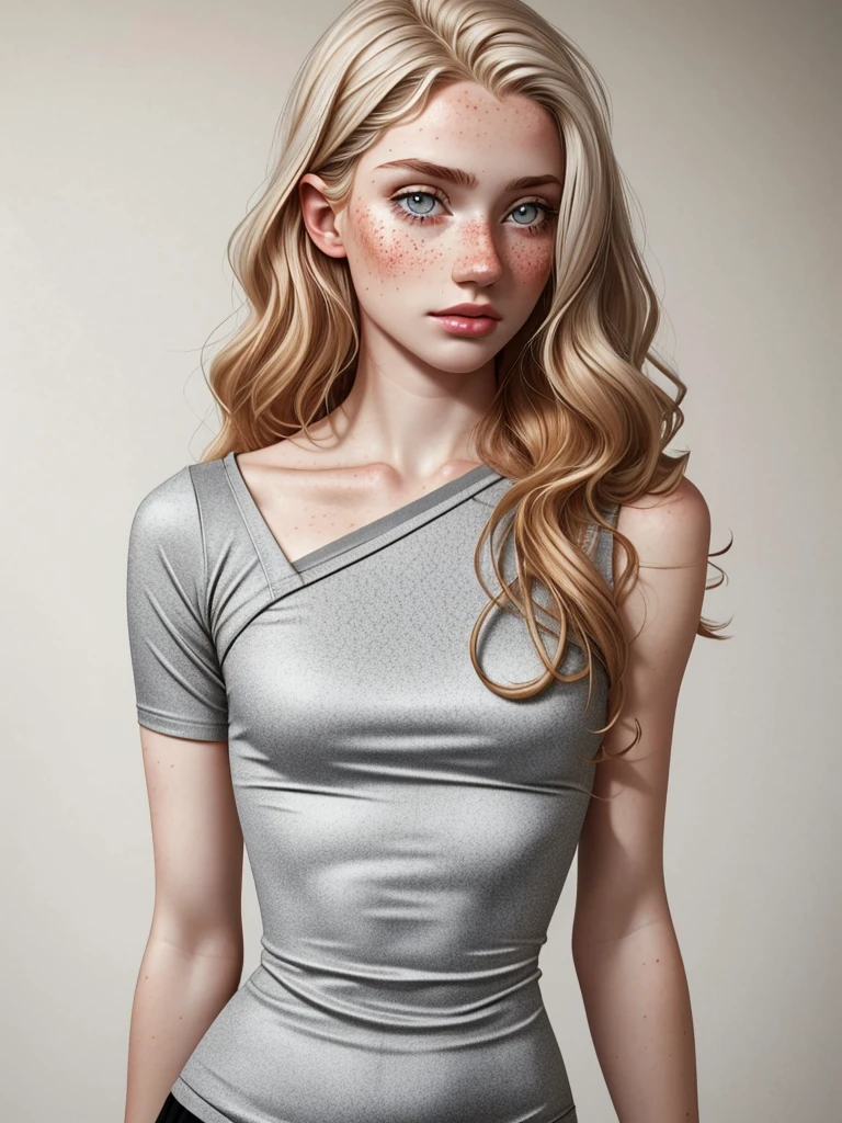 1woman, 19 years old, Alone, Aesthetic art, Irish, strawberry blonde wavy hair, Shoulder length hair, gray eyes, light gray eyes, some small freckles, pale skin, runner's body, (Textured skin, skin pores: 1.1), goosebumps, wearing a stylized casual outfit, sexy pose