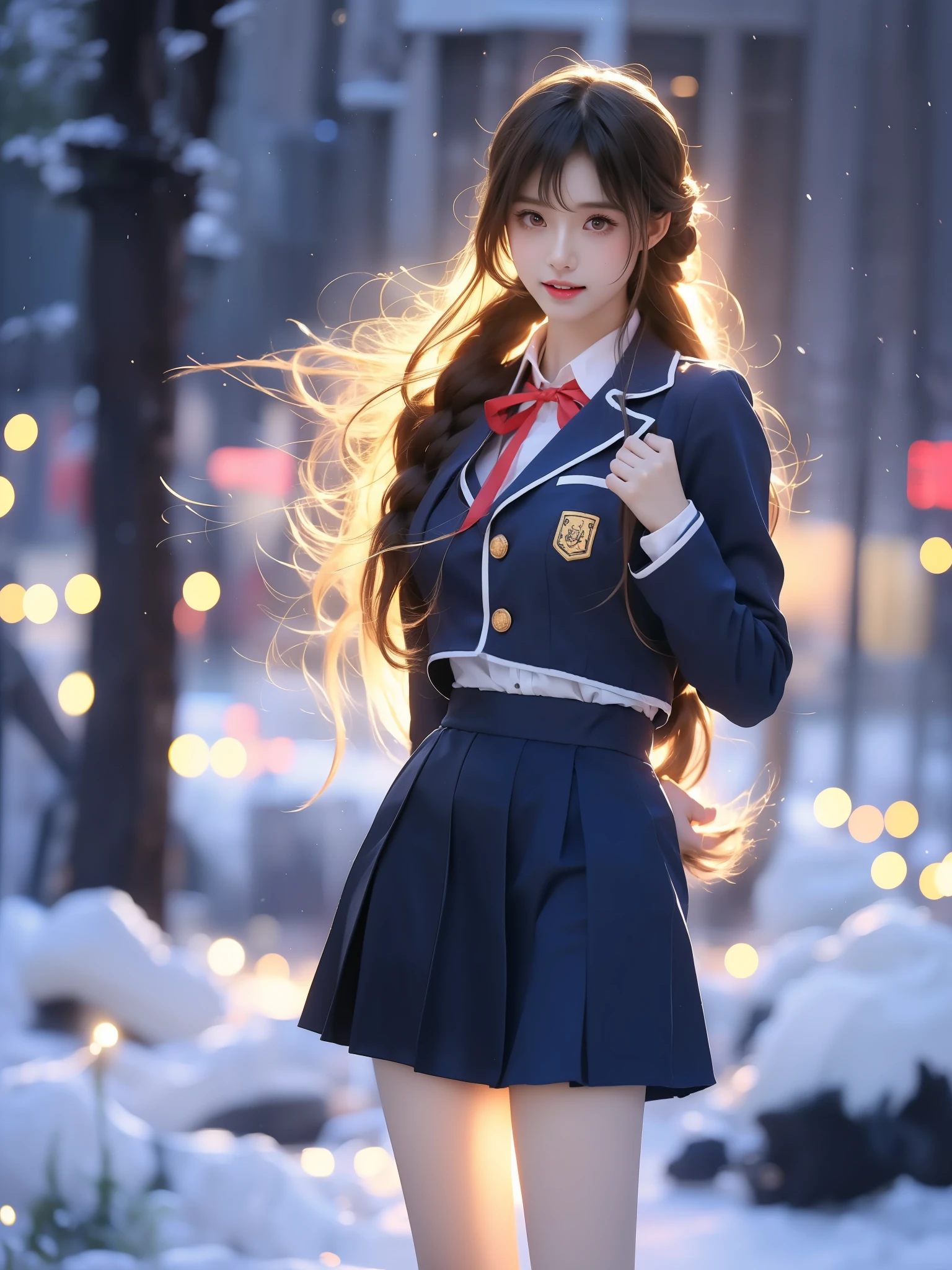 yuuki asuna, school uniform, neck ribbon, jacket, collared shirt, skirt,
long sleeves, buttons,
french braid, ((full body)), (Asian beauty: 1.3), girl, solo, (toned body: 1.2), (naturally large breasts: 1.1), (visible cleavage: 0.8), (smooth flawless skin: 1.2), (perfect anatomical proportions: 1.3), (anatomically correct legs: 1.3), (elegantly long legs: 1.3), 1.1) Hands gently lift the skirt, (detailed features: 1.2), (big bright eyes: 1.1), (long eyelashes: 1.1), charming smile, gentle and confident expression, Head slightly tilted, long flowing hair, (night scene: 1.1), (starry sky: 1.0), (space background: 0.9), (professional soft light: 1.2), (warm tone: 1.1), (Masterpiece: 1.4), (Super Detail: 1.3), (Sharp focus: 1.2), (Realistic: 1.2), (Hi-Fi: 1.1)