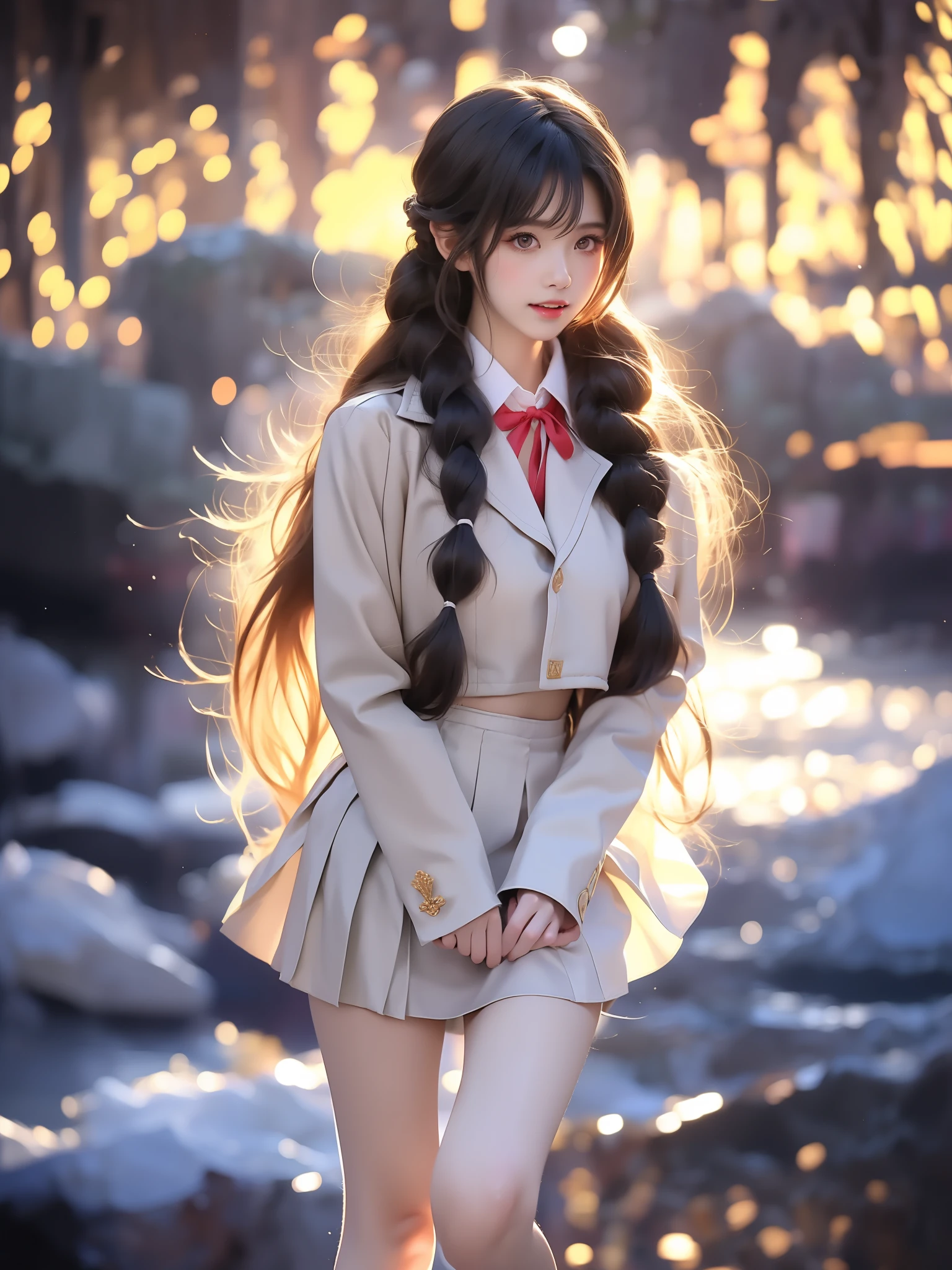 yuuki asuna, school uniform, neck ribbon, jacket, collared shirt, skirt,
long sleeves, buttons,
french braid, ((full body)), (Asian beauty: 1.3), girl, solo, (toned body: 1.2), (naturally large breasts: 1.1), (visible cleavage: 0.8), (smooth flawless skin: 1.2), (perfect anatomical proportions: 1.3), (anatomically correct legs: 1.3), (elegantly long legs: 1.3), 1.1) Hands gently lift the skirt, (detailed features: 1.2), (big bright eyes: 1.1), (long eyelashes: 1.1), charming smile, gentle and confident expression, Head slightly tilted, long flowing hair, (night scene: 1.1), (starry sky: 1.0), (space background: 0.9), (professional soft light: 1.2), (warm tone: 1.1), (Masterpiece: 1.4), (Super Detail: 1.3), (Sharp focus: 1.2), (Realistic: 1.2), (Hi-Fi: 1.1)