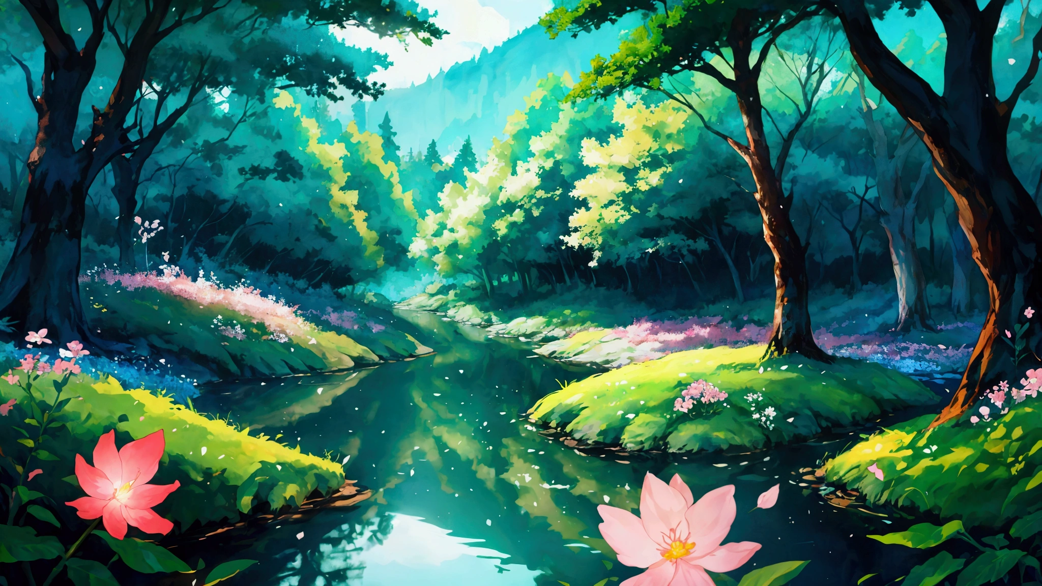 Glowing Forest Cozy Day Sparkling ,morning , Lofi anime style , landscape , natural , Small, beautiful, glowing flowers, river