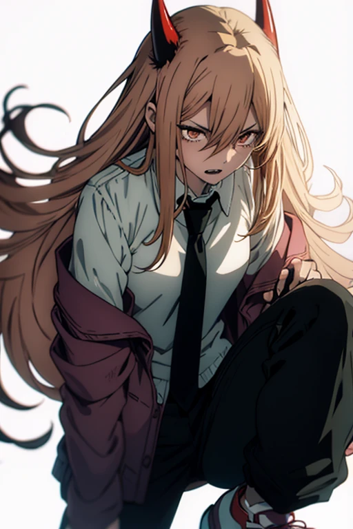  1 GIRL WITH HIM, solo, Orange Eyes、Long Hair, Blonde、Red devil's horn on the top of the head、 opens her mouth, tooth,  bitten expression、dark navy cardigan,  and a white collared blouse、 style with a black tie 、black pants below the knee 、 white sneakers、Best Quality,  simple background,  Japanese illustration style,  upper body,  wide shot 