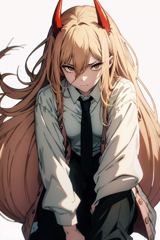  1 GIRL WITH HIM, solo, Orange Eyes、Long Hair, Blonde、Red devil's horn on the top of the head、 opens her mouth, tooth,  bitten expression、Cardigan,  and a white collared blouse、 style with a black tie 、black pants below the knee 、 white sneakers、Best Quality,  simple background,  Japanese illustration style,  upper body,  wide shot 