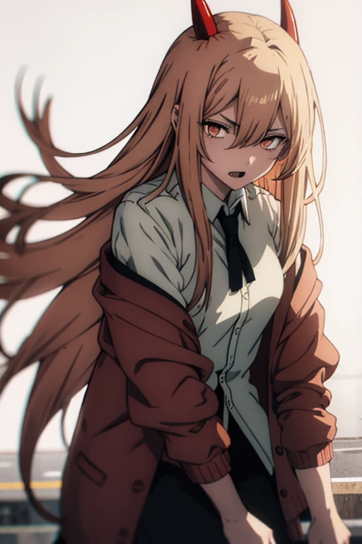  1 GIRL WITH HIM, solo, Orange Eyes、Long Hair, Blonde、Red devil's horn on the top of the head、 opens her mouth, tooth,  bitten expression、Cardigan,  and a white collared blouse、 style with a black tie 、black pants below the knee 、 white sneakers、Best Quality,  simple background,  Japanese illustration style,  upper body,  wide shot 