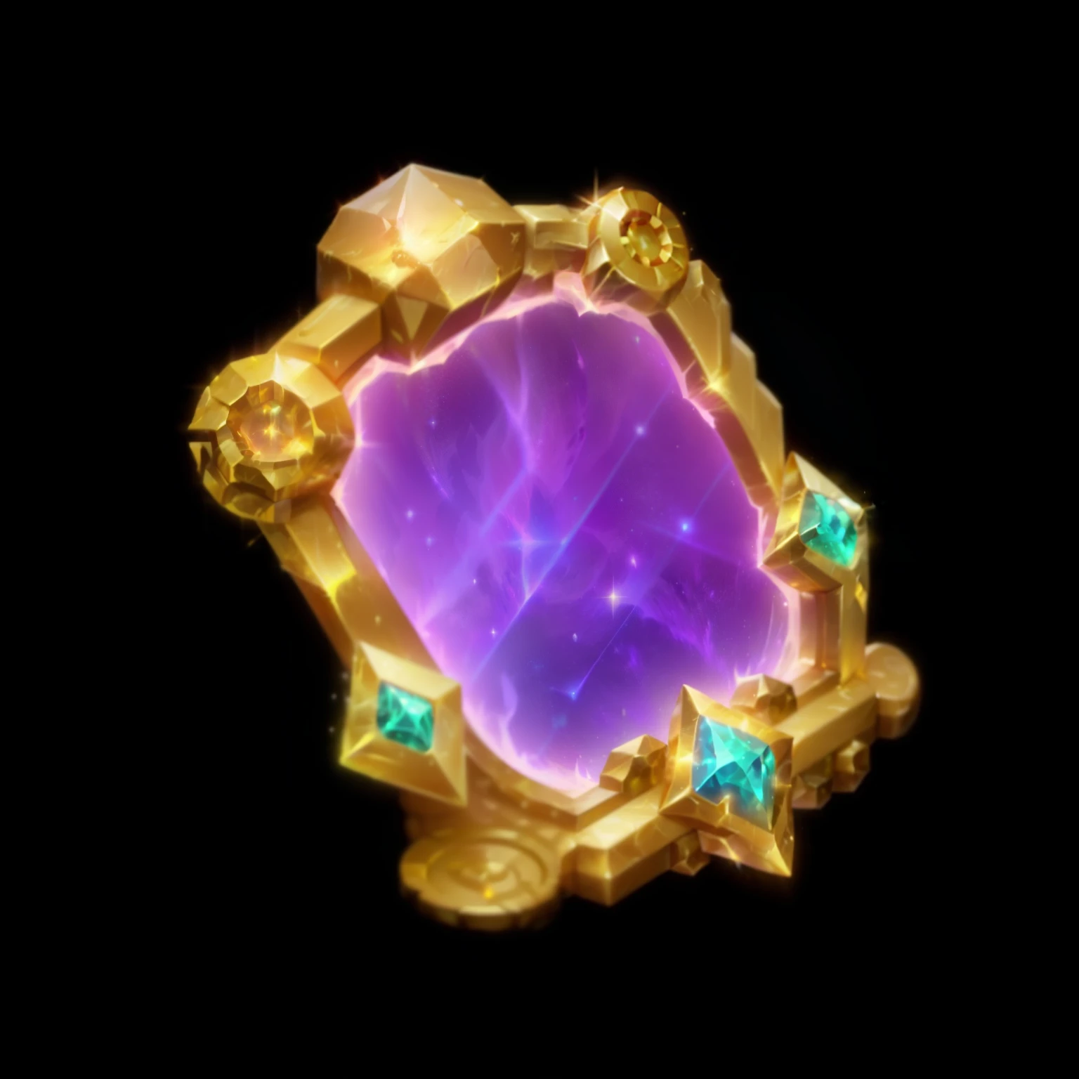 Closeup of the magic portal in the middle of the golden token，Gemstones，crystal，Reflective， metal material，Metallic luster，Magic Elements，  World of Warcraft spell icons， Game Items， League of Legends Inventory Items， Stylized game icons， League of Legends style