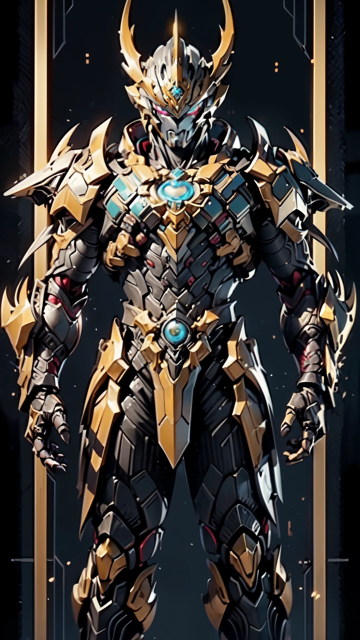 (masterpiece:1.5, best quality:1.5, extremely delicate:1.5, dynamic angle:1.5), ((male:1.5)), Biomimetic humanoid Mecha, green eyes, fully enclosed shoulder guards, matching arm and leg guards, gemstone, full body, full armor, the design balances heavy with agility, organic biotech armor, (the color scheme is primarily Golden and Black with Red and Green accents, concept Inspired by Vampire, glowing eyes, the armor glows), standing, floating high above the futuristic sci-fi city, a finely crafted Super robot in anime style, exquisite and mature art style, metallic, dramatic, high definition, highres, ultra-detailed, ultra-fine painting, professional, anatomically correct, symmetrical face, extremely detailed eyes and face, high quality eyes, creativity, RAW photo, UHD, 32k, Natural light, cinematic lighting, (masterpiece-anatomy-perfect:1.2)