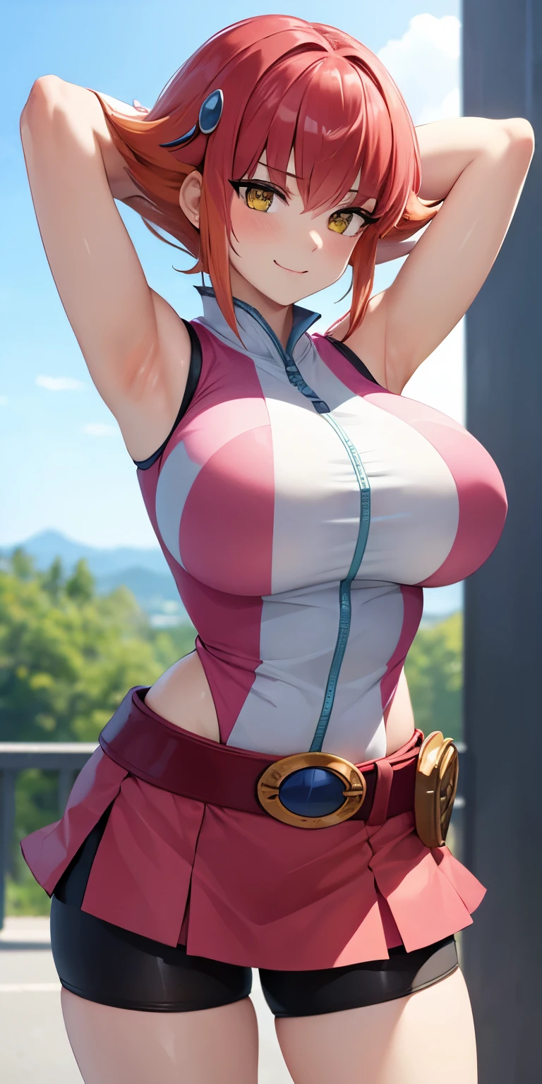 1 Female,High definition,high resolution,Ultra-realistic,8K, Annadef, 1girl, solo, multicolored hair, two-tone hair, hair ornament, yellow eyes, short hair, pink hair, red hair, orange hair,pink skirt ,large breasts, breasts, 
smile, shorts, sleeveless, belt, black shorts, bike shorts, large breasts,European,sexy,Upper body close-up,Photographed from the front,Dynamic Angles,(blush), (medium tits) ,(arms behind head),huge tits