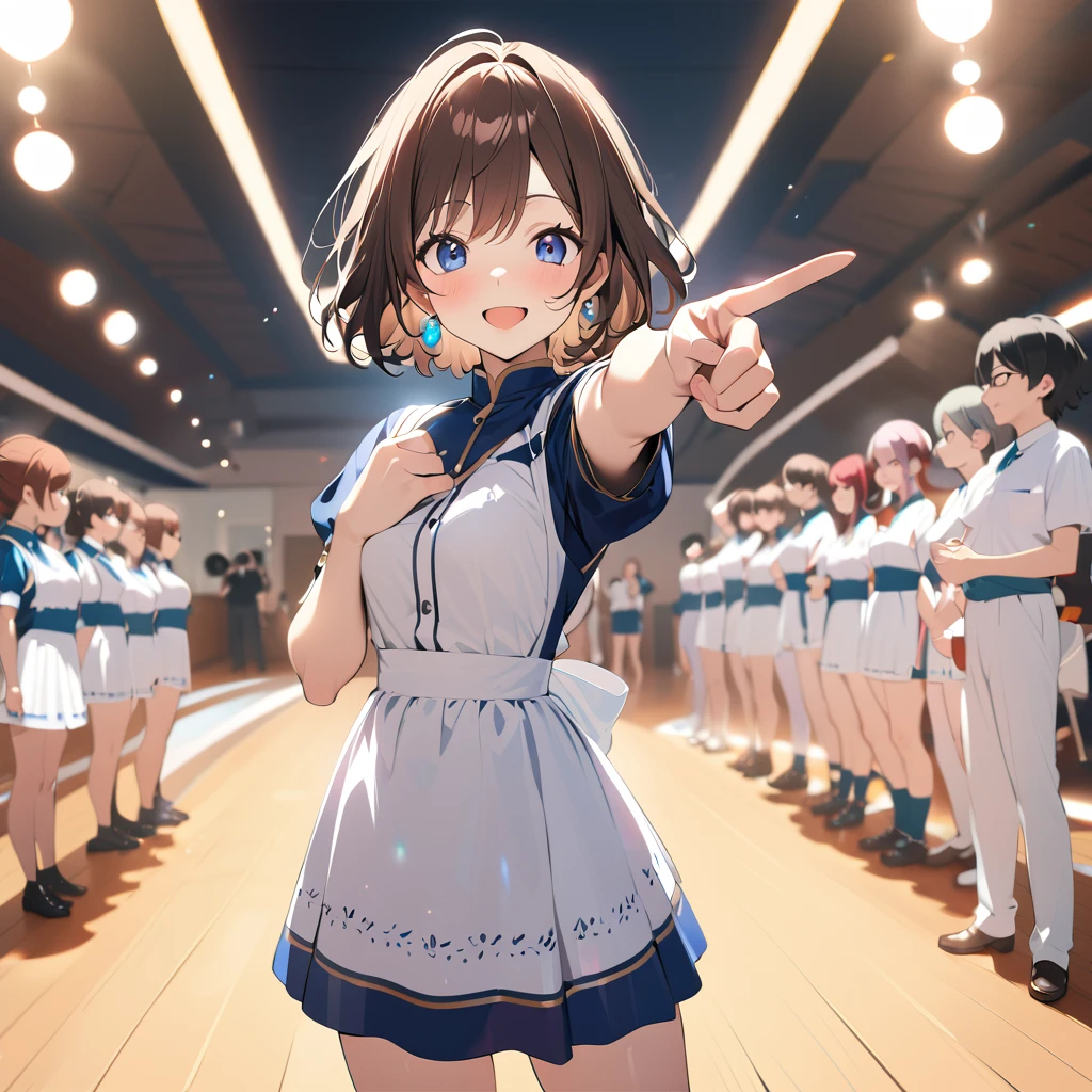 1  girl,  girl、Diagonal、Brown Hair、 short hair、 blue eyes 、Place one foot on the side of a sailboat 、 have a small pirate telescope、Pointing forward、Sea of navy uniforms、Anime、Illustration, Full HD, 8k,  absurd with 22 people, masterpiece,  best quality , Super detailed, beautiful, Exquisite, Delighted, Bright smile,  Look Away ,  earrings with cups,  Knee-High Socks , cute, beautiful, In a bright and colorful world, Anime, cell Anime, 2d Anime, strict, Soft Surface, close, Half-body photo, Front View, Golden Ratio,  perfect handmade stage lighting , ,Watanabe,  blue eyes , Brown Hair,  short hair, bangs,