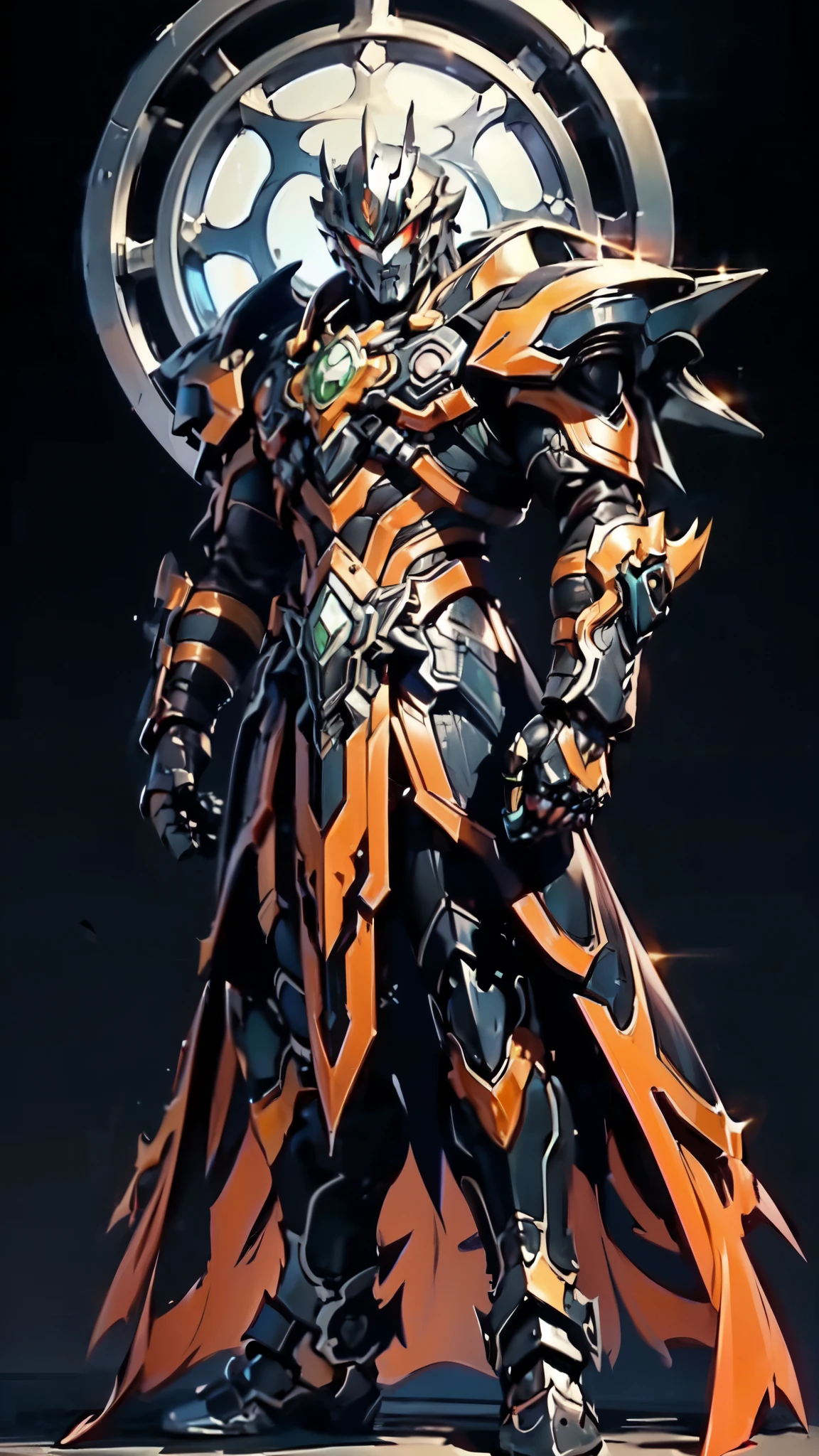 (masterpiece:1.5, best quality:1.5, extremely delicate:1.5, dynamic angle:1.5), ((male:1.5)), Biomimetic humanoid Mecha, green eyes, fully enclosed shoulder guards, matching arm and leg guards, gemstone, full body, full armor, the design balances heavy with agility, organic biotech armor, (the color scheme is primarily Golden and Black with Red and Green accents, concept Inspired by Vampire, glowing eyes, the armor glows), standing, floating high above the futuristic sci-fi city, a finely crafted Super robot in anime style, exquisite and mature art style, metallic, dramatic, high definition, highres, ultra-detailed, ultra-fine painting, professional, anatomically correct, symmetrical face, extremely detailed eyes and face, high quality eyes, creativity, RAW photo, UHD, 32k, Natural light, cinematic lighting, (masterpiece-anatomy-perfect:1.2)