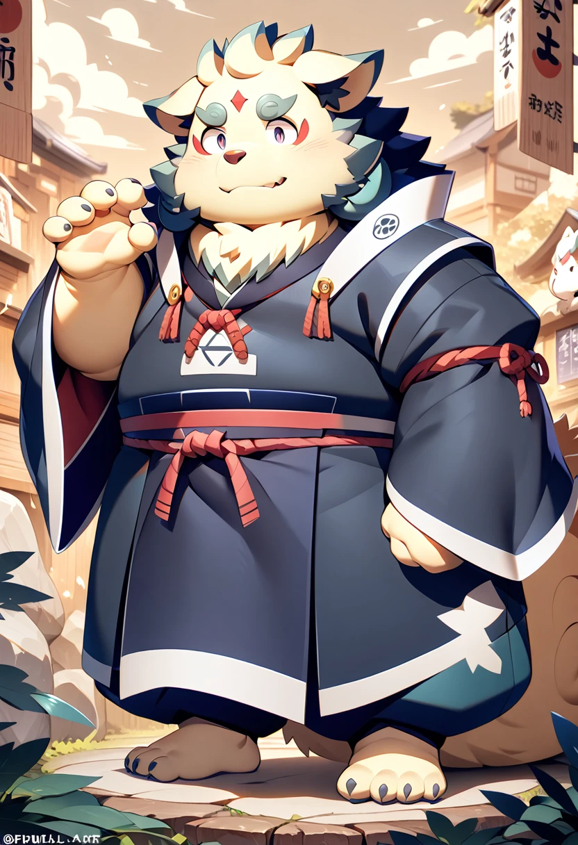 (Agyou)((masterpiece)),((high quality)),  kemono art , Hairy characters,  kemono art , Full body photo, Boy anime style, Full body images,  is cute,  kemono art , a Full body images, He became obese 、Wearing Japanese clothing