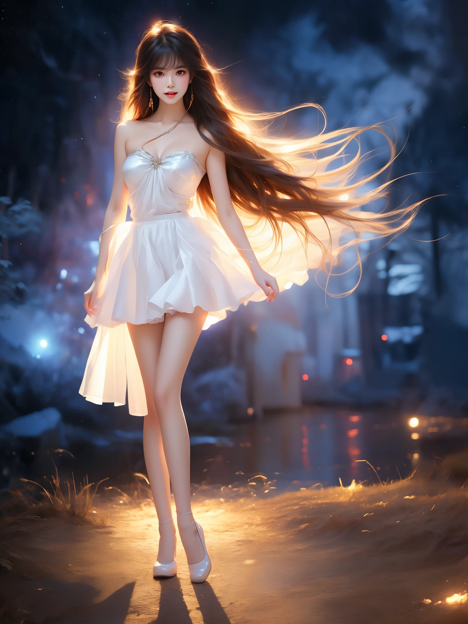 summerpocketsuniform ((full body)), (Asian beauty: 1.3), girl, solo,  (toned body: 1.2), (naturally large breasts: 1.1), (visible cleavage: 0.8), (smooth flawless skin: 1.2), (perfect anatomical proportions: 1.3), (anatomically correct legs: 1.3), (elegantly long legs: 1.3), 1.1) Hands gently lift the skirt, (detailed features: 1.2), (big bright eyes: 1.1), (long eyelashes: 1.1), charming smile, gentle and confident expression, Head slightly tilted, long flowing hair, (night scene: 1.1), (starry sky: 1.0), (space background: 0.9), (professional soft light: 1.2), (warm tone: 1.1), (Masterpiece: 1.4), (Super Detail: 1.3), (Sharp focus: 1.2), (Realistic: 1.2), (Hi-Fi: 1.1)