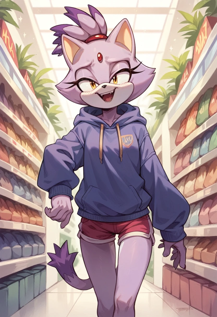 Sonic series , Blaze the Cat is small , Petite, ,  she wears an oversized hoodie, Short shorts,  she's laughing , Inside the shopping mall, 