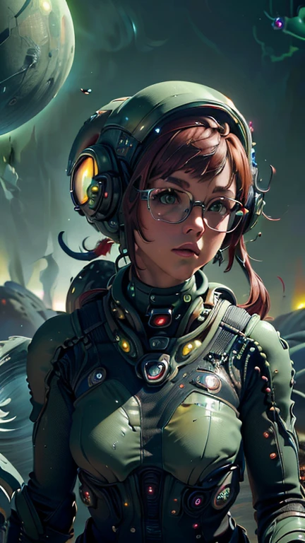 close-up,  upper body . Short, red hair, green eyes,  metal-framed glasses , chemical protection suit , girl . (masterpiece, top quality,  Best quality , Official art,  beautiful and aesthetic :1.2),  extremely detailed ,( fractal art:1.2),Colorful,The most detailed, (dynamic pose), ( alien landscape of an alien toctic planet background:1.5), (Green sky toxic :1.4). ((SPLIT. photorealism.  unreal engine .  Ultra high quality textures.  High detail. permission 8k))