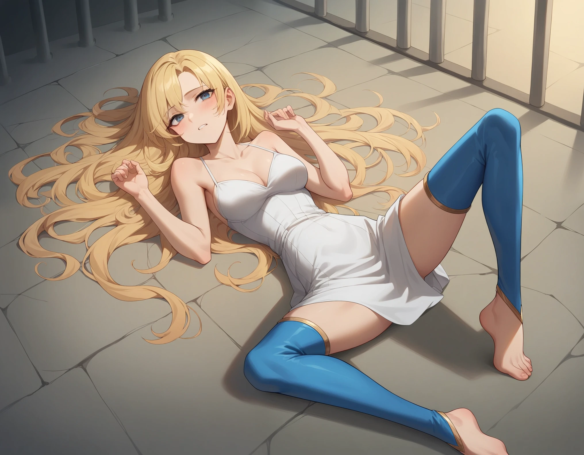 Masterpiece , best quality , Masterpiece , best quality , 1girl , 20yo, ais_wallenstein , dress half taken off, blue thigh boots, looking at the viewer, delicate features, blonde waist long hair , be unconscious , white bikini , abdomen , medium breasts , Long legs , Barefoot , Lie down on the floor. , spread your legs , prison, 