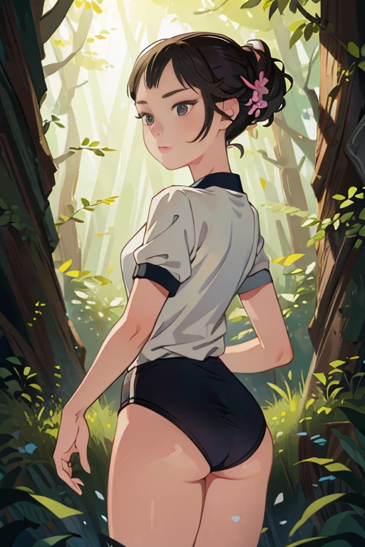 (masterpiece, highest quality), 1 girl, beautiful face, beautiful body,  wearing a Black gymnastics bloomers, High leg、white blouse,    後ろ姿、back shot、Are standing、full body portrait、Alone, complex details, enlarged textures, complex details, finely detailed eyes and detailed face, intricate details, (closed mouth), perfect eyes, equal eyes, perfect body, extremely detailed, (), extremely realistic 3d,In a dark forest、