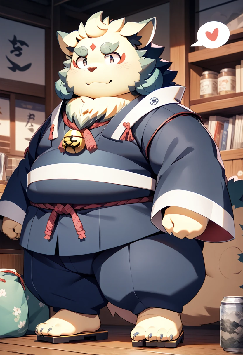 (Agyou)((masterpiece)),((high quality)),  kemono art , Hairy characters,  kemono art , Full body photo, Boy anime style, Full body images,  is cute,  kemono art , a Full body images, He became obese 、Wearing Japanese clothing、geta