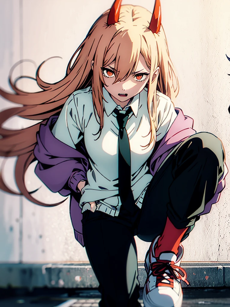  1 GIRL WITH HIM, solo, Orange Eyes、Long Hair, Blonde、Red devil's horn on the top of the head、 opens her mouth, tooth,  bitten expression、White collared blouse、Navy blue cardigan、 style with a black tie 、black pants below the knee 、 white sneakers、Best Quality,  simple background,  Japanese illustration style,  upper body,  wide shot 