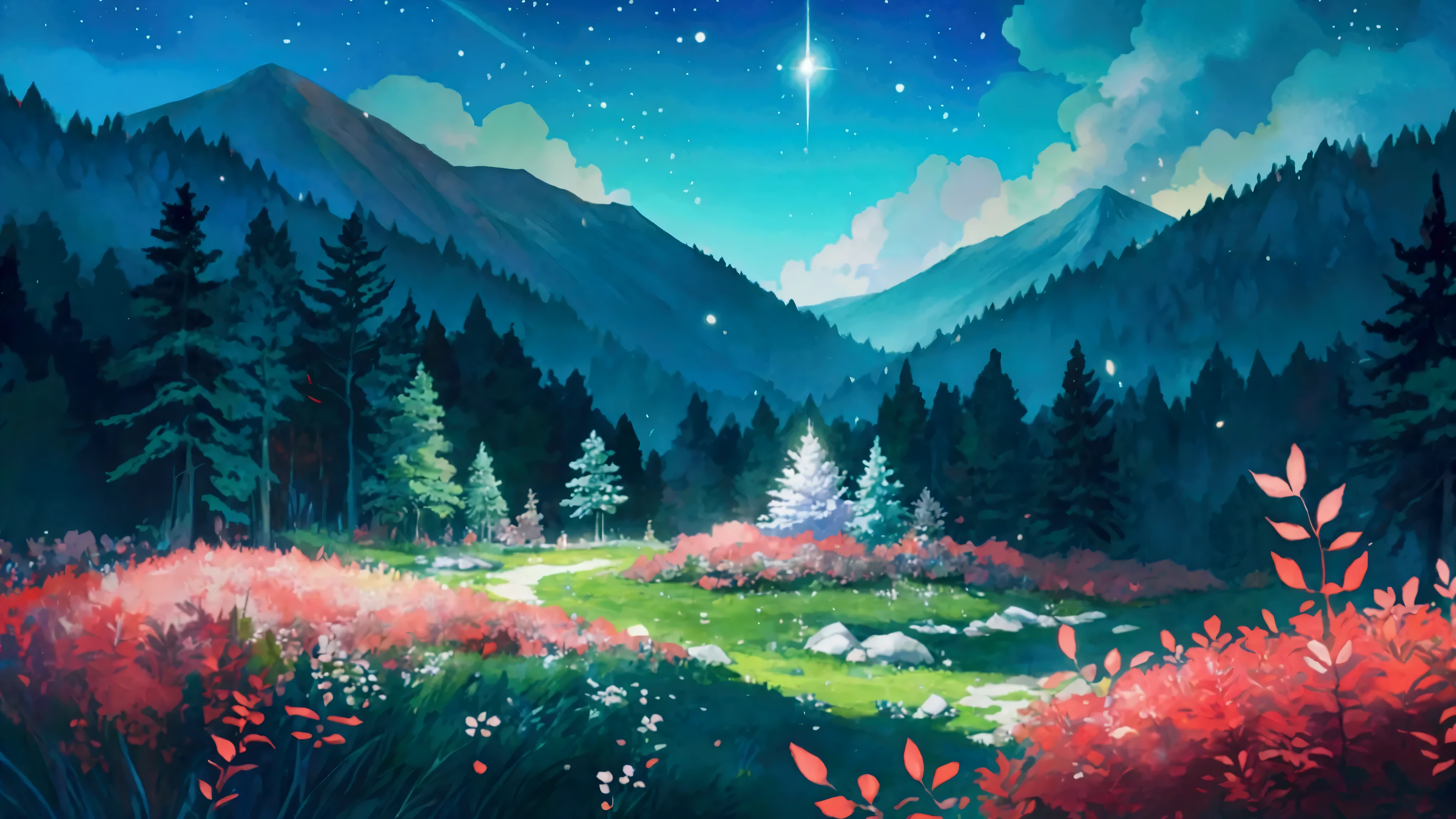 Glowing Forest Cozy Day Sparkling ,morning , Lofi anime style , landscape , natural , Small, beautiful, glowing flowers, mountain