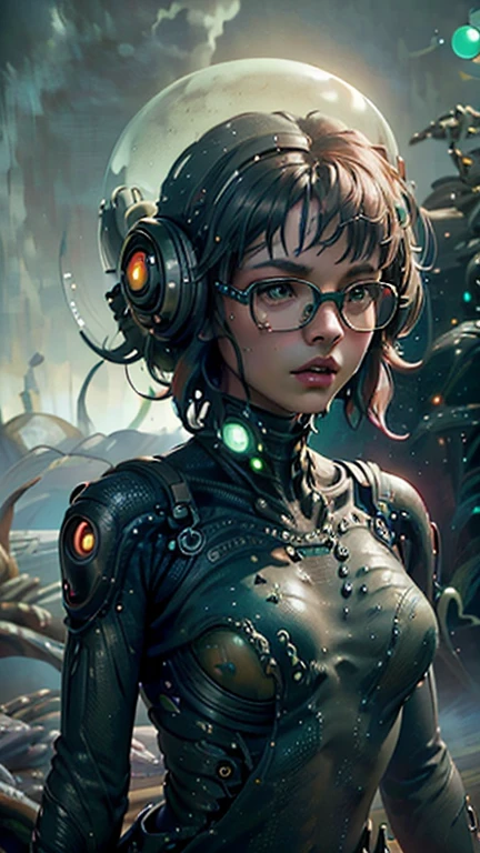 close-up,  upper body . Short, red hair, green eyes,  metal-framed glasses , chemical protection suit , girl . (masterpiece, top quality,  Best quality , Official art,  beautiful and aesthetic :1.2),  extremely detailed ,( fractal art:1.2),Colorful,The most detailed, (dynamic pose), ( alien landscape of an alien toctic planet background:1.5), (Green sky toxic :1.4). ((SPLIT. photorealism.  unreal engine .  Ultra high quality textures.  High detail. permission 8k))