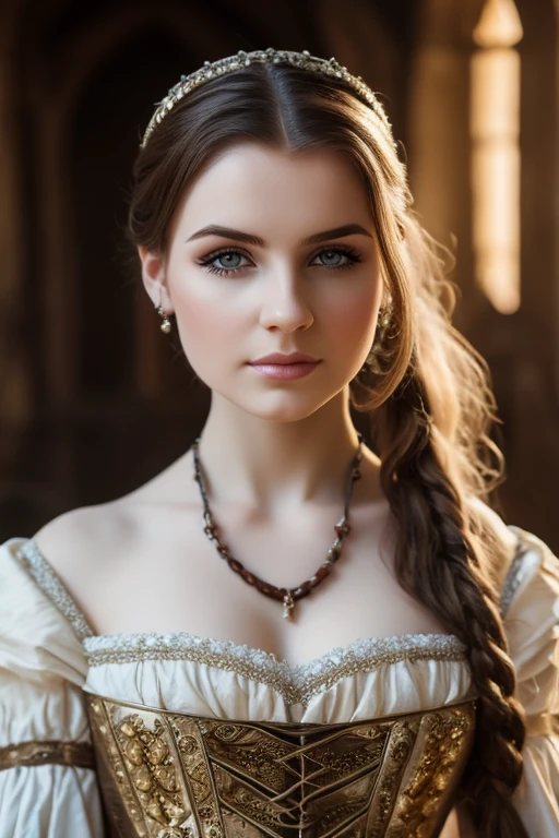 a beautiful young woman wearing medieval dress, pale white skin, detailed facial features, long eyelashes, intricate jewelry, medium shot, photorealistic, cinematic lighting, masterpiece, 8k, high quality