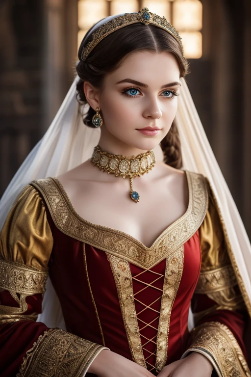 a beautiful young woman wearing medieval queen dress, pale white skin, detailed facial features, long eyelashes, intricate jewelry, medium shot, photorealistic, cinematic lighting, masterpiece, 8k, high quality