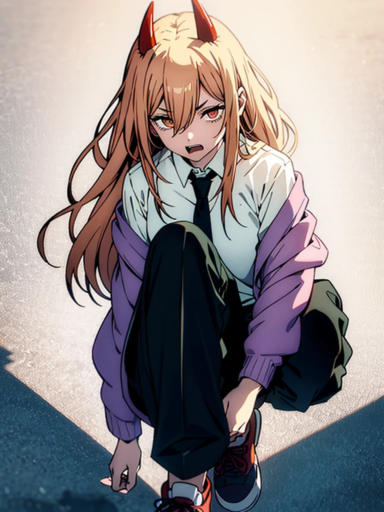  1 GIRL WITH HIM, solo, Orange Eyes、Long Hair, Blonde、Red devil's horn on the top of the head、 opens her mouth, tooth,  bitten expression、White collared blouse、Navy blue cardigan、 style with a black tie 、black pants below the knee 、 white sneakers、Best Quality,  simple background,  Japanese illustration style,  upper body,  wide shot ,  high definition model, 