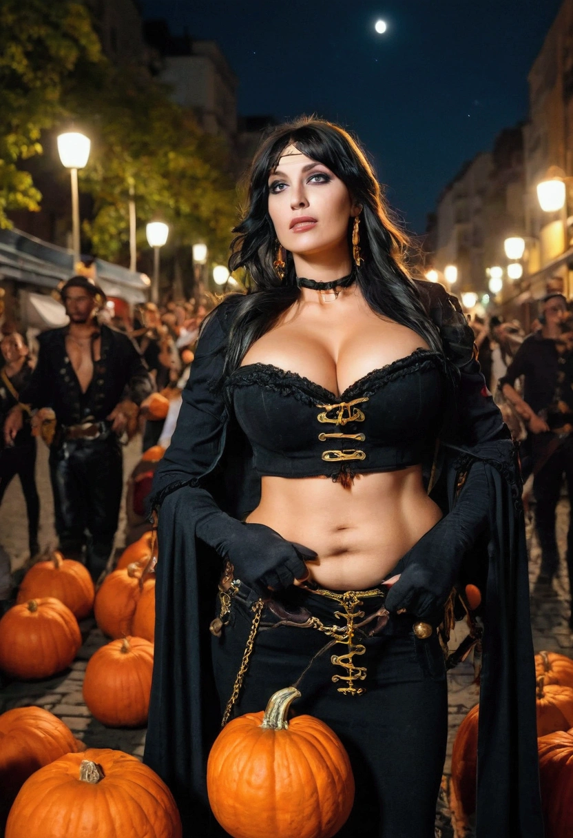 busty woman, her chest covered by pumpkins, wearing red pirate costume, night crowded street, moon nigh