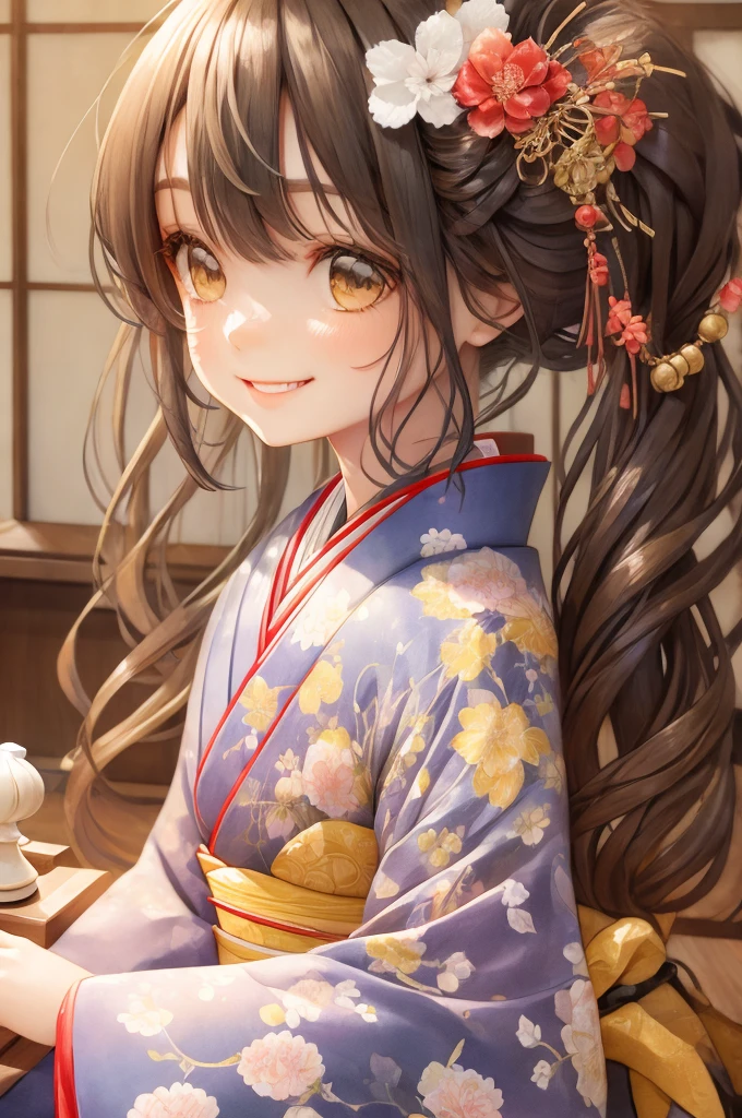 A girl wearing a kimono is smiling and playing Japanese-style chess