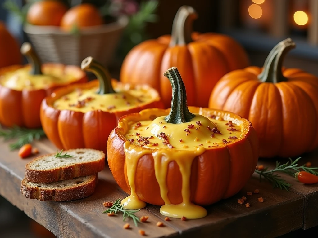 Halloween Pumpkin Dishes 、 Cheese Flowing Out of Pumpkins、table、Inside the store、 depth of field、 high definition、Real Photo