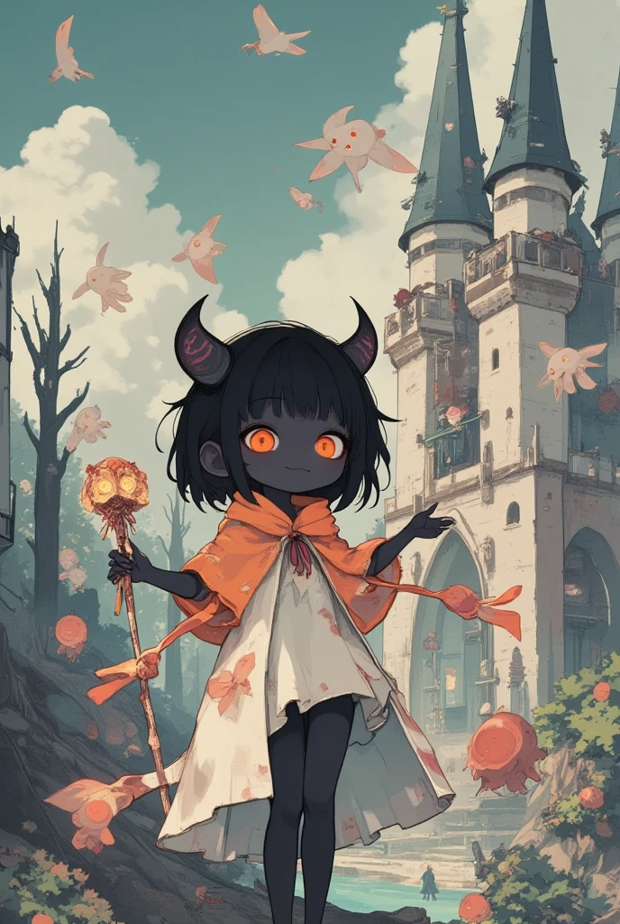 faded watercolor picture. sketch of 1 small girl in ultra wide shot ,she has black skin and short hair cut and animal ears ,red glow eyes, standing In a vast otherworldly landscape, a massive floating city hovers above a shimmering crystal lake. The city is constructed with intricate, neo-gothic architecture mixed with sleek, futuristic elements, and illuminated by glowing orbs and neon lights. Towering spires reach toward the heavens, and delicate bridges connect the floating platforms. Below, the crystal lake reflects the vibrant colors of the sky—a dazzling twilight with streaks of pink, purple, and gold. In the foreground, a majestic figure stands on the shore, clad in ornate armor with flowing, iridescent fabrics, holding a radiant staff that casts a beam of light across the water. Ethereal creatures, resembling glowing jellyfish and birds, float and flutter in the air, creating a sense of magic and awe. The image is rich with detail, capturing the interplay of light and shadow, reflections on the water, and the textures of the architecture and natural elements. A true masterpiece of imaginative fantasy.