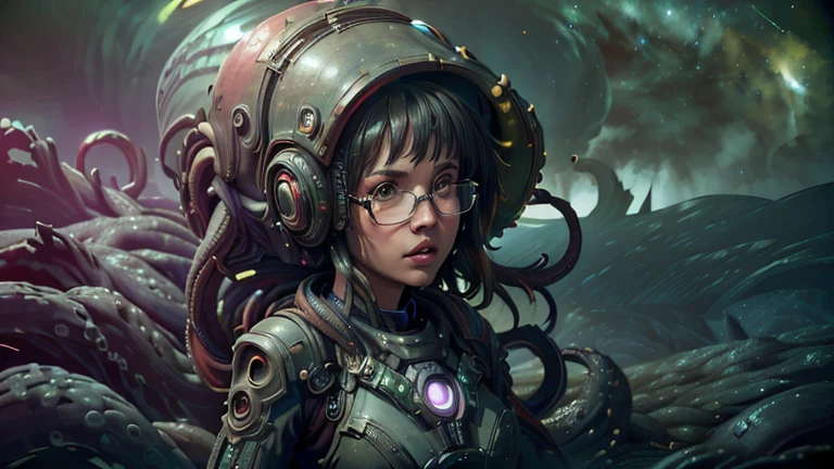 close-up,  upper body . Short, red hair, green eyes,  metal-framed glasses , chemical protection suit , girl . (masterpiece, top quality,  Best quality , Official art,  beautiful and aesthetic :1.2),  extremely detailed ,( fractal art:1.2),Colorful,The most detailed, (dynamic pose), ( alien landscape of an alien toctic planet background:1.5), (Green sky toxic :1.4). ((SPLIT. photorealism.  unreal engine .  Ultra high quality textures.  High detail. permission 8k))