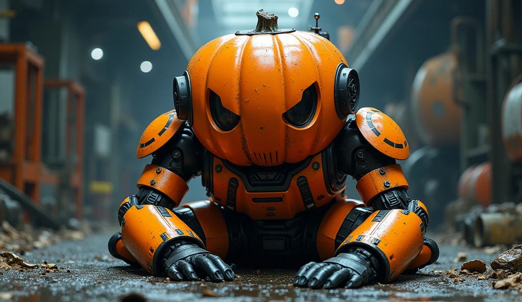  Mecha Like Pumpkin Head   、Pose,    Full Color Orange and Black Line Armor, Front Pack  , Bonn! ,   Put Hand Ground  ,   Put 1 Knee Ground  ,   Head Up Viewer  ,   purple　 Static Shot ,  Kibberpunk Tech Helmet   , technology， surreal, Inside the factory,   Melted Metal in High Heat  