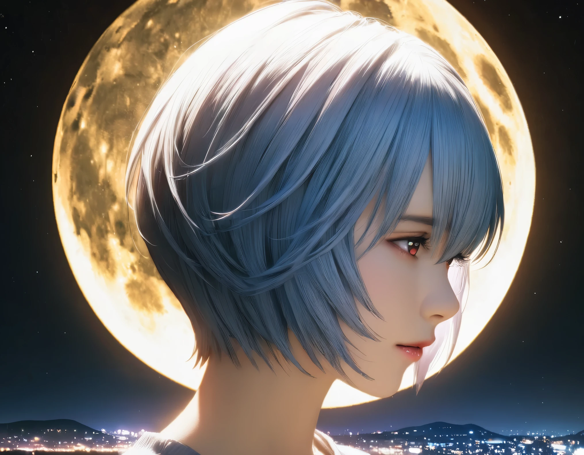 (best quality, 8k, high resolution:1.2), 1girl, ayanami_rei, night sky, moon, upper body