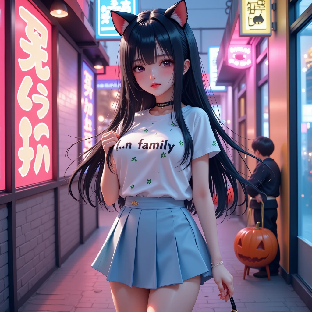 1Girl Girl , Shiny black long hair,  black cat ear headband ,  pink lips , Beautiful face, Smile some., t-shirt,  Light Blue Skirt Style Pleated Skirt, high-heels, stand, Dynamic, "L N family"On the shirt, , Anime, Glow,  graphic wall painted in neon colors, Halloween, ลวดลายใบโคลเวอร์สีเขียวOn the shirt, ,  Wide angle view,  high-definition vivid images,  intricate details, 3D dimensions, 3D rendering, realistic, colourful outfit,  over the truth , Light and shadow difference, illustration.