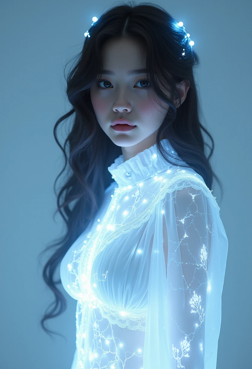 ((gem_Light elements)), (translucent luminous body_Wearing a white frilly shirt), (girl made of light: 1.2, long curly hairstyle，Exquisite facial features，light:1.3), (minimalism: 0.5), (Frontal gaze close-up angle: 1.3), 4K, high dynamic range, Acid Graphics, Fantasy works, [Vivid facial details: 0.33], (White translucent glowing body and hair: 1.3), Shiny beautiful woman with silhouette, Understated elegance revealed... Steady、dignified atmosphere，Gives a subtle sense of luxury..... Gray smooth texture, fashionable pose, fluorescent, glow tattoo, Bio glow tattoo, glow pattern. information