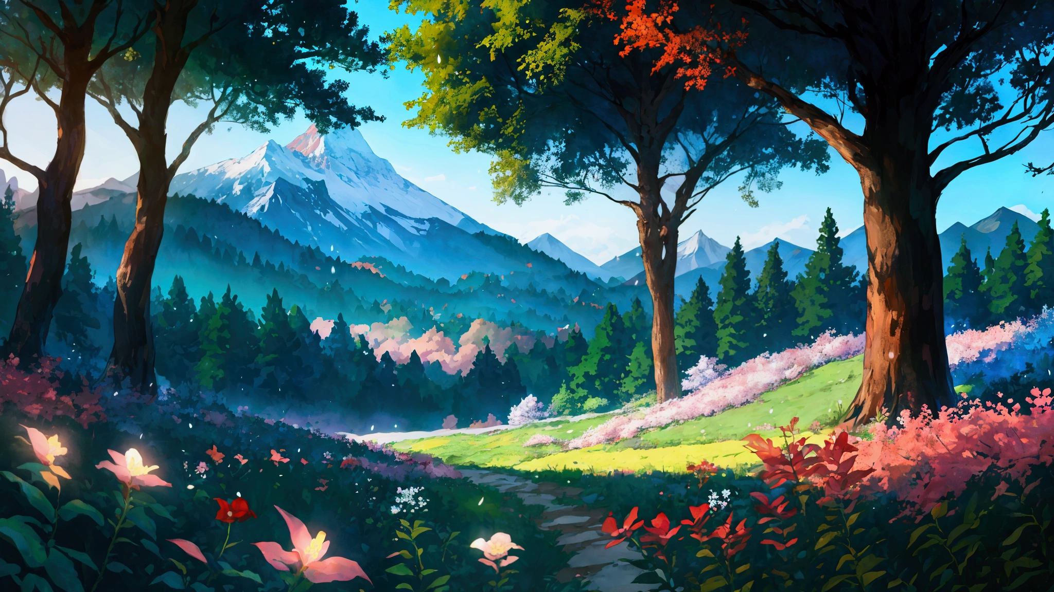 Glowing Forest Cozy Day Sparkling ,morning , Lofi anime style , landscape , natural , Small, beautiful, glowing flowers, mountain