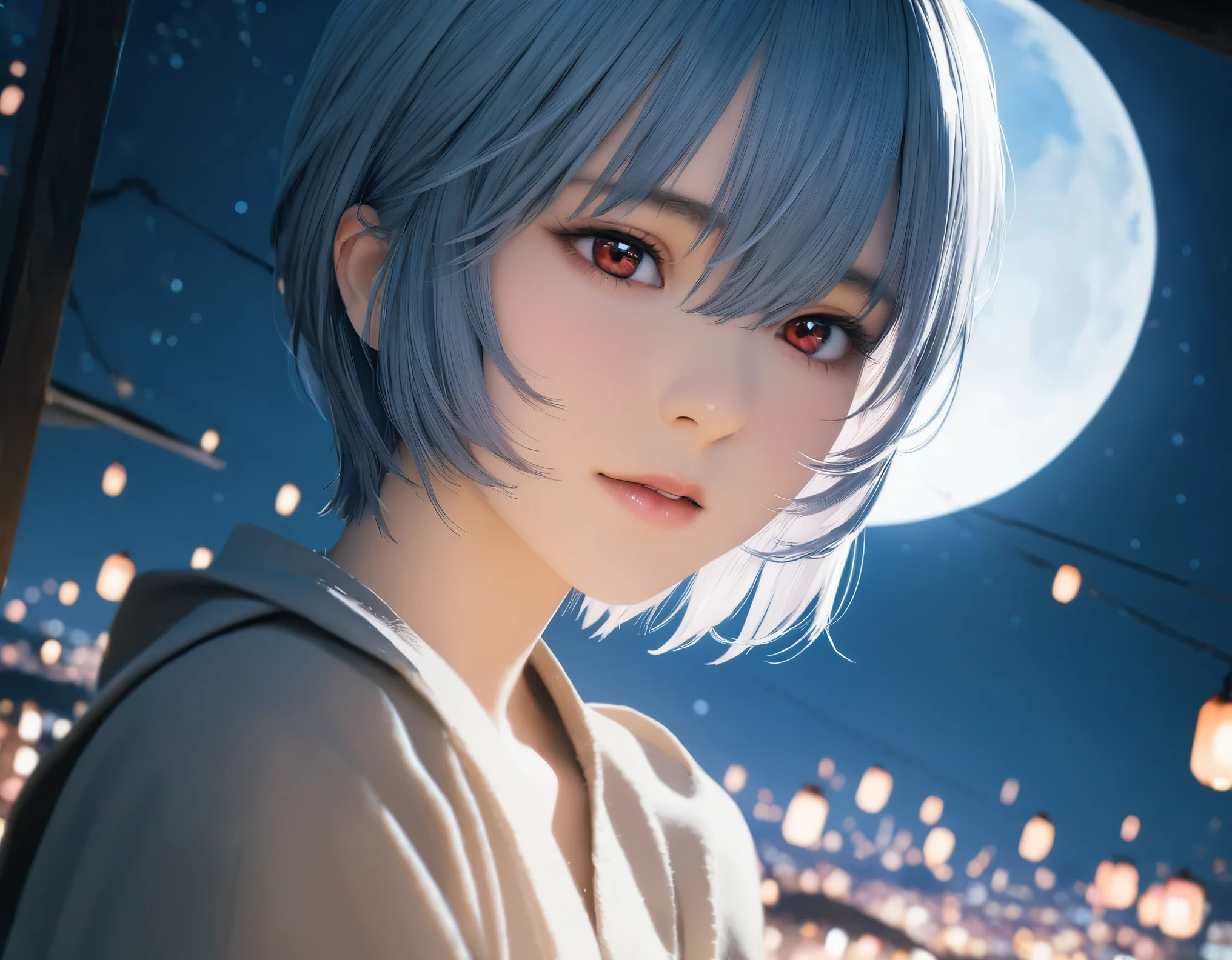 (best quality, 8k, high resolution:1.2), 1girl, ayanami_rei, night sky, moon, upper body