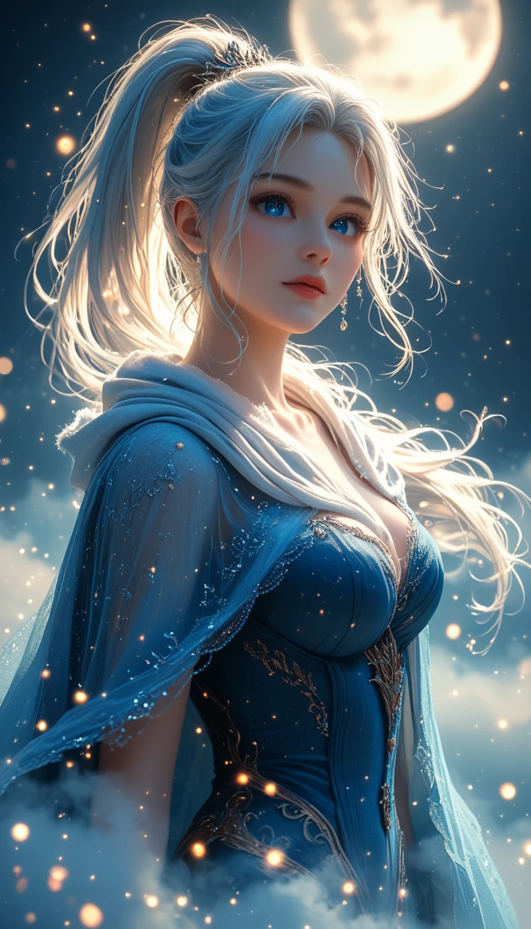 masterpiece, (Best quality: 1.2), (super excellent: 1.2), illustration, (Incredibly soft and beautiful: 1.2), film angle, floating, (Beautiful detailed eye: 1.1), (detailed light: 1.1), Film Light, Tender sky, woman, White hair, Blue eyes, (high ponytail: 1.1), cloak, sparkling eyes, (moon: 1.2), (moonlight: 1.1), Starry sky, (Light particles: 1.1), fog , snow picture, sketch, flowering,score_9, score_8_up, score_7_up, dramatic lighting, highly detailed, high budget, bokeh, cinemascope, moody, epic, gorgeous, film grain, grainy, masterpiece, best quality, perfect anatomy, very aesthetic, official art, 8k, Shine, hkmagic,