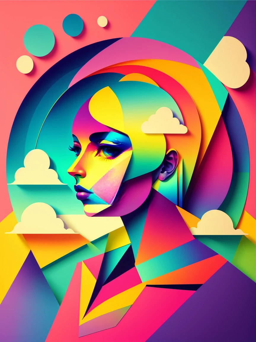 1 girl，Abstract surreal colors，Stylish Geometric Surrealism，rainbow，paper cutting，clouds