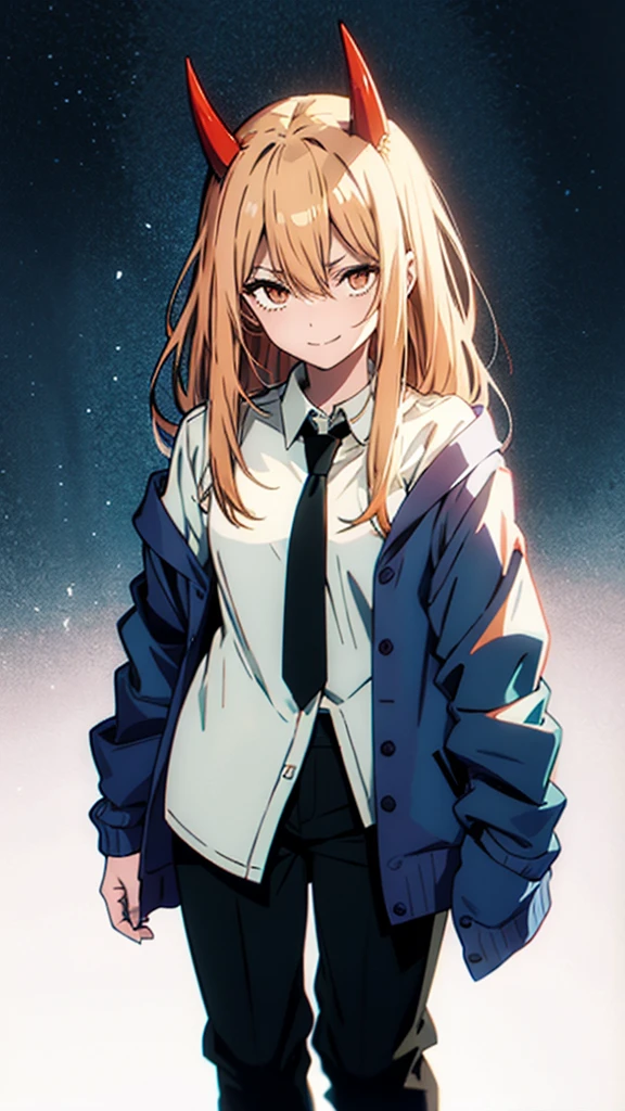  1 GIRL WITH HIM, solo, Orange Eyes、Long Hair, Blonde、Red devil's horn on the top of the head、 opens her mouth, tooth, smile、White collared blouse、Navy blue cardigan、 style with a black tie 、black pants below the knee 、 white sneakers、Best Quality,  simple background,  Japanese illustration style,  upper body,  wide shot ,  high definition model, 