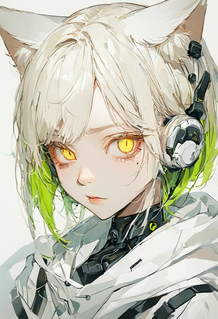 White background.( machine body)。eyebrow。 High image quality 。((One android woman ))。。 flat color 。Simple line drawing。(( golden eyes,Cat-like eyes))。Droopy eyes。 small face。Angle from above。( yellow-green short hair )。melancholic expression 。Earphones。 cyberpunk white clothes. face close-up。