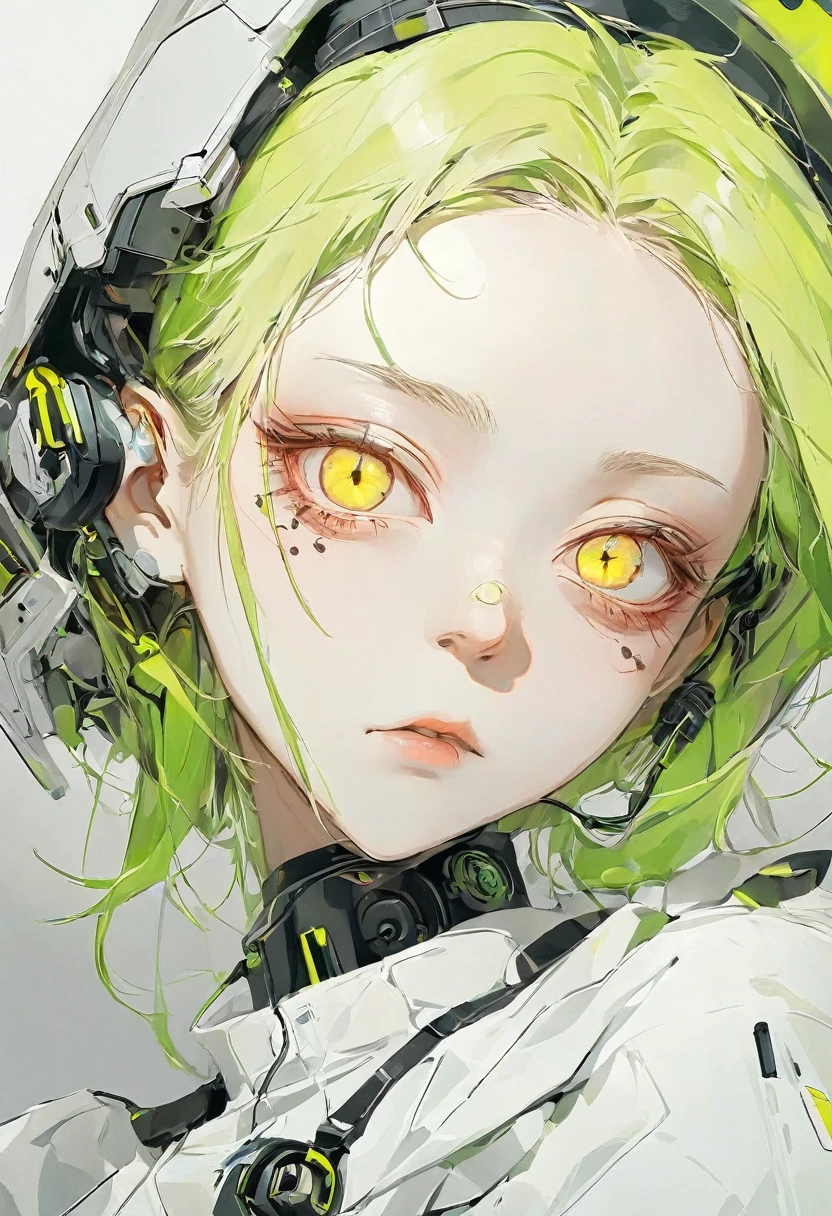 White background.( machine body)。eyebrow。 High image quality 。((One android woman ))。。 flat color 。Simple line drawing。(( golden eyes,Cat-like eyes))。Droopy eyes。 small face。Angle from above。( yellow-green short hair )。melancholic expression 。Earphones。 cyberpunk white clothes. face close-up。