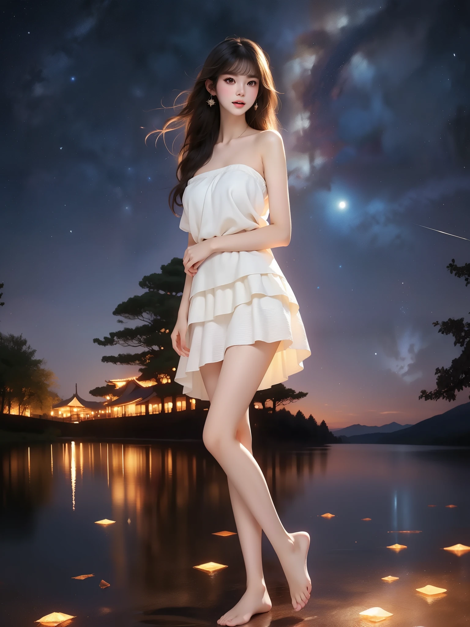 ((full body)), (Asian beauty: 1.3), girl, solo, ((single bare shoulder)), (toned body: 1.2), (naturally large breasts: 1.1), (visible cleavage: 0.8), (smooth flawless skin: 1.2), (perfect anatomical proportions: 1.3), (anatomically correct legs: 1.3), (elegantly long legs: 1.3), 1.1) Hands gently lift the skirt, (detailed features: 1.2), (big bright eyes: 1.1), (long eyelashes: 1.1), charming smile, gentle and confident expression, Head slightly tilted, long flowing hair, (night scene: 1.1), (starry sky: 1.0), (space background: 0.9), (professional soft light: 1.2), (warm tone: 1.1), (Masterpiece: 1.4), (Super Detail: 1.3), (Sharp focus: 1.2), (Realistic: 1.2), (Hi-Fi: 1.1)