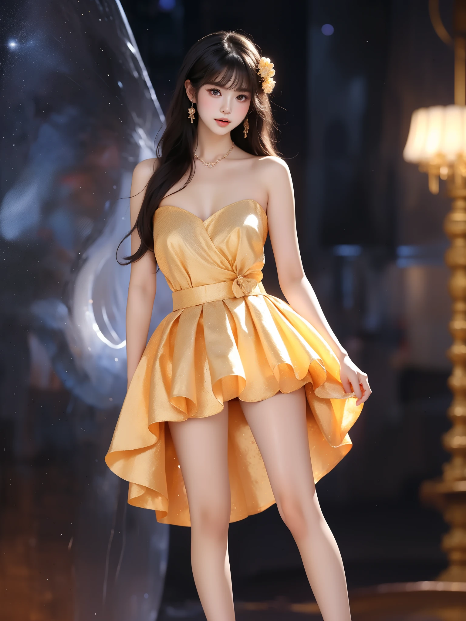 nogizaka_costume ((full body)), (Asian beauty: 1.3), girl, solo, ((single bare shoulder)), (toned body: 1.2), (naturally large breasts: 1.1), (visible cleavage: 0.8), (smooth flawless skin: 1.2), (perfect anatomical proportions: 1.3), (anatomically correct legs: 1.3), (elegantly long legs: 1.3), 1.1) Hands gently lift the skirt, (detailed features: 1.2), (big bright eyes: 1.1), (long eyelashes: 1.1), charming smile, gentle and confident expression, Head slightly tilted, long flowing hair, (night scene: 1.1), (starry sky: 1.0), (space background: 0.9), (professional soft light: 1.2), (warm tone: 1.1), (Masterpiece: 1.4), (Super Detail: 1.3), (Sharp focus: 1.2), (Realistic: 1.2), (Hi-Fi: 1.1)